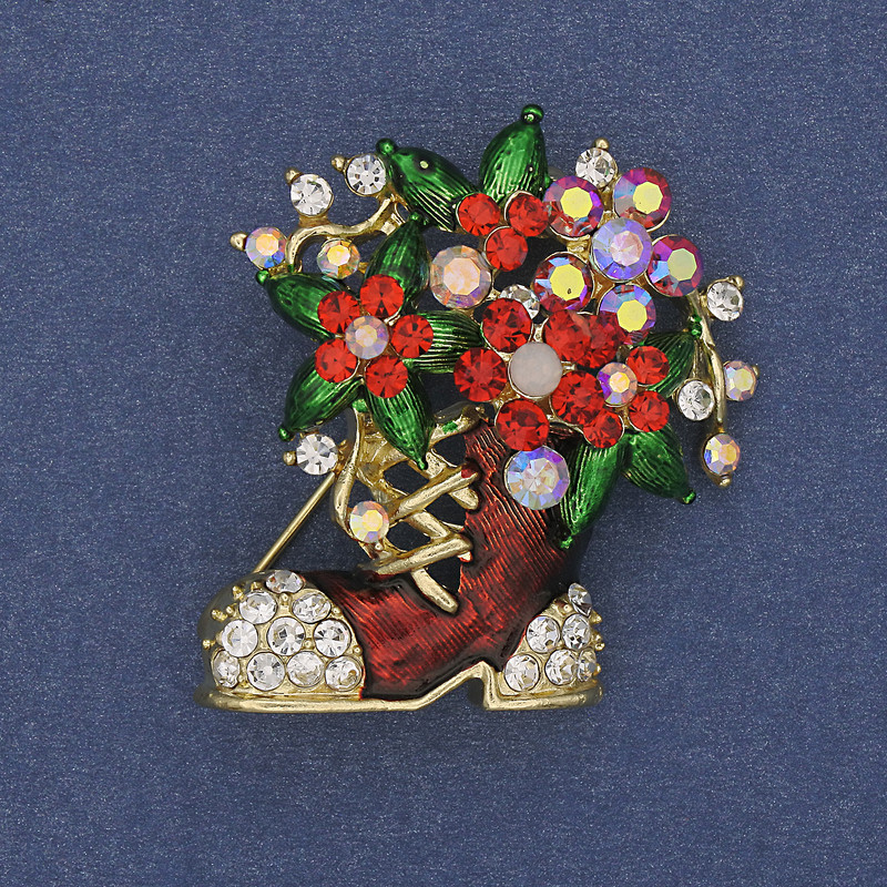 Brooch 'New Year Boot' enamel with crystals golden metal 37×32mm +