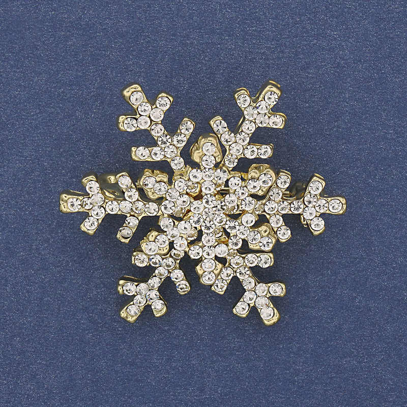 Brooch Pendant Christmas Snowflake with white crystals and golden metal 34mm +