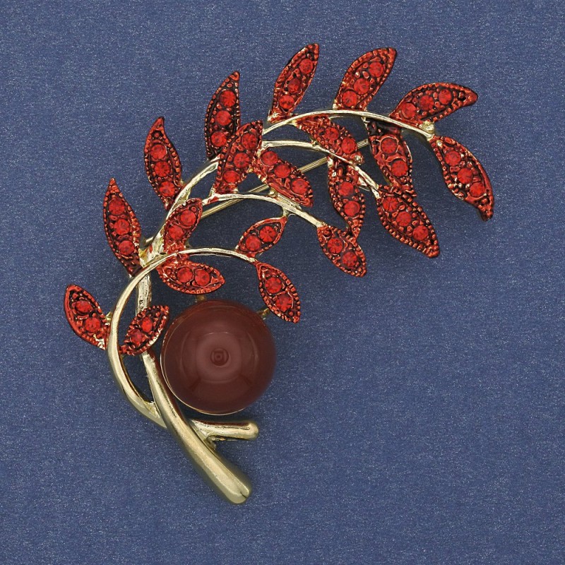 Brooch Stakeny Branch Carnelian red crystals golden metal 54x46mm +
