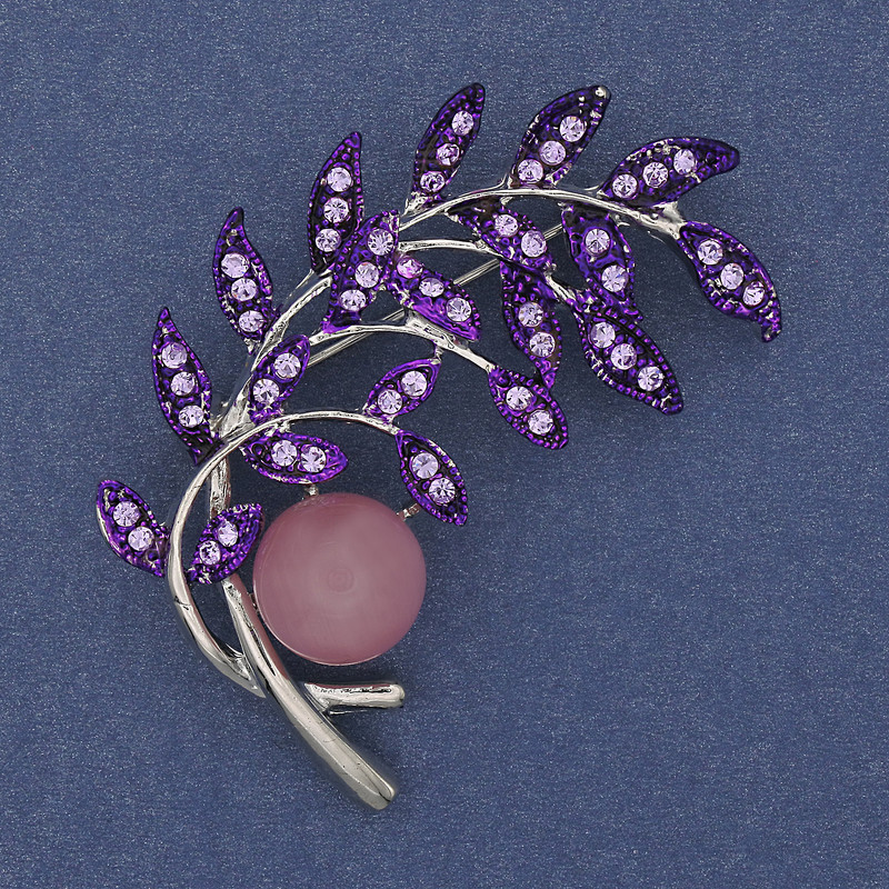Twig Brooch Pink Cat's Eye Purple Rhinestones Silver-Tone Metal 54x46mm +