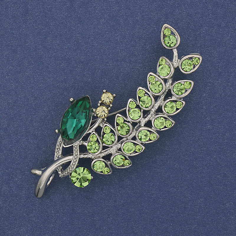 Twig Brooch, multicolour rhinestones, silver-tone metal 66x26mm+