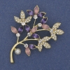 Twig Brooch, multicolour rhinestones, pearl, gold-tone metal 60x42mm+