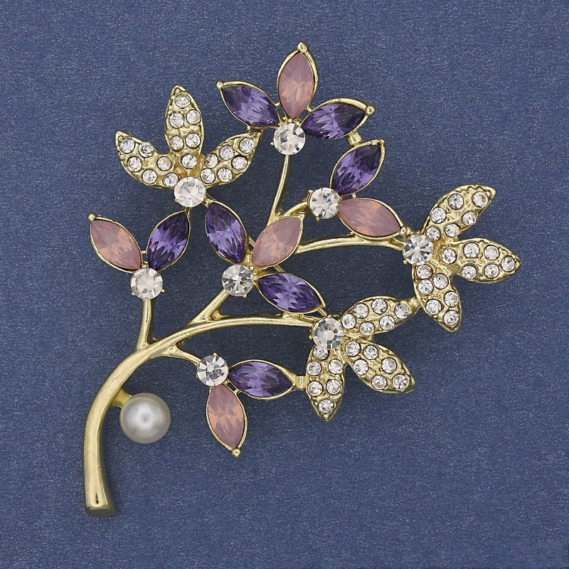 Twig Brooch, multicolour rhinestones, pearl, gold-tone metal 60x42mm+