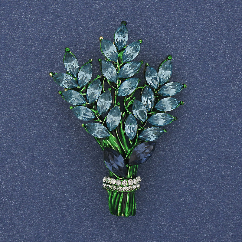 Twig Brooch, sky-blue and white rhinestones, gold-tone metal 43x29mm+
