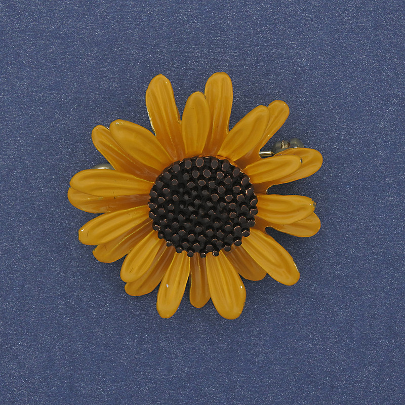 Flower Brooch Pendant, Yellow & Black Enamel, Gold-Tone Metal, 32mm +