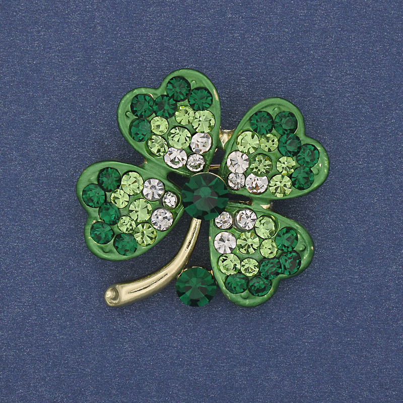 Clover Brooch Pendant, White & Green Rhinestones, Gold-Tone Metal, 31x36mm +