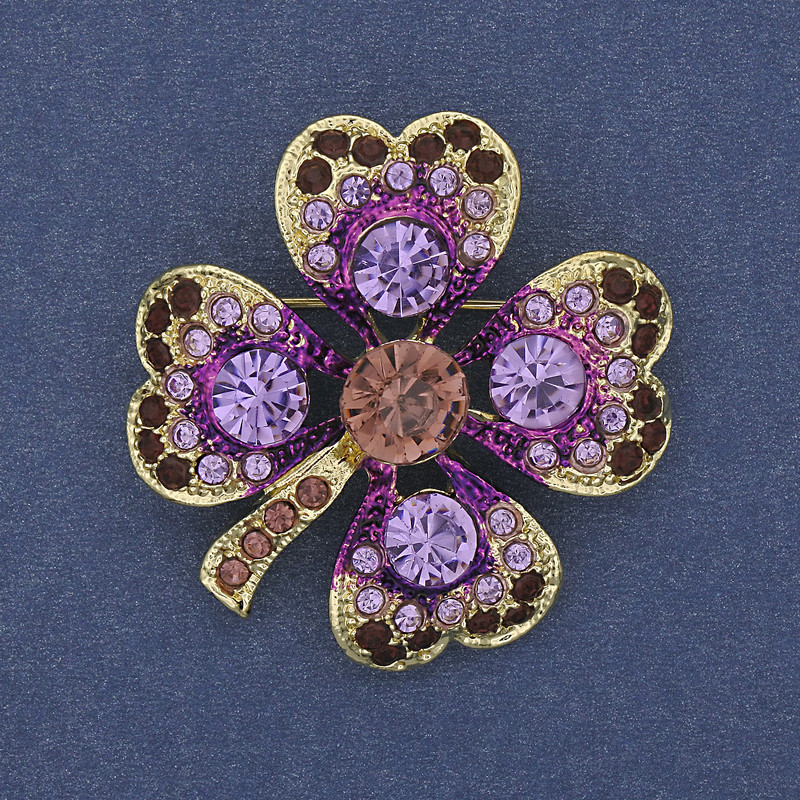 Clover Brooch Pendant, Purple Rhinestones, Gold-Tone Metal, 35mm +