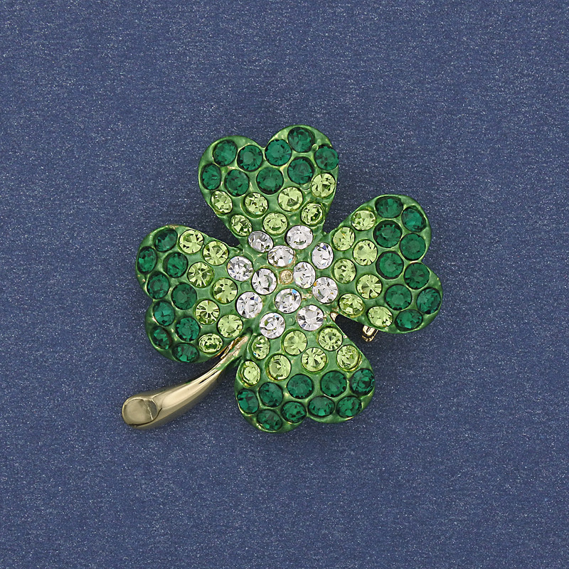 Clover Brooch Pendant, White & Green Rhinestones, Gold-Tone Metal, 28x24mm +
