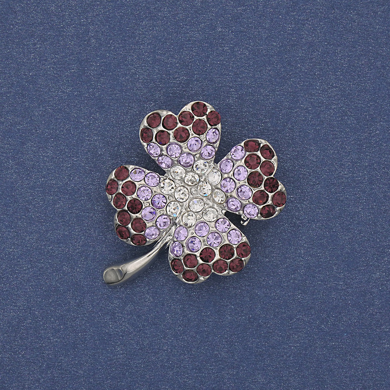 Clover Brooch Pendant, White & Purple Rhinestones, Silver-Tone Metal, 28x24mm +