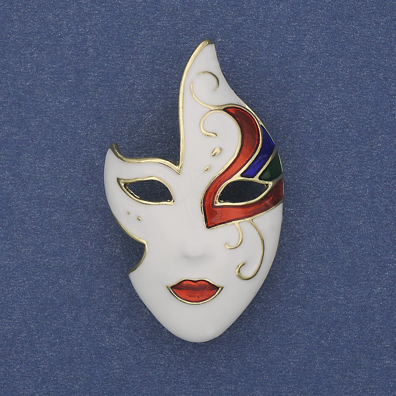 Mask Brooch White Black Red Enamel Gold-Tone Metal 40x23mm+