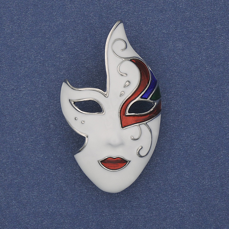 Mask Brooch White Black Red Enamel Silver-Tone Metal 40x23mm+