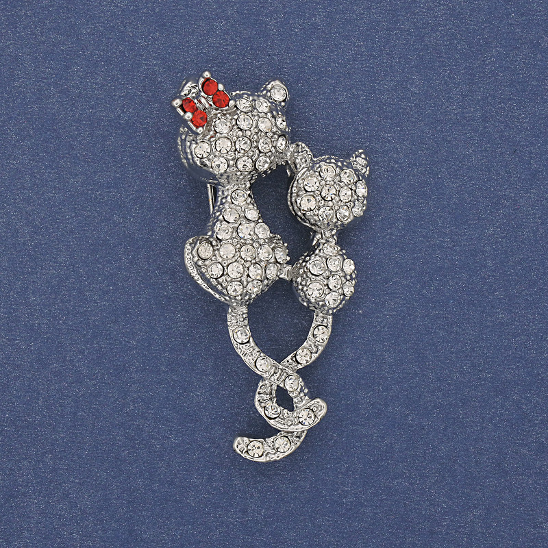 Brooch Cat with White and Red Crystal Strass Silver-colour Metal 43x25mm+