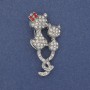 Brooch Cat with White and Red Crystal Strass Silver-colour Metal 43x25mm+