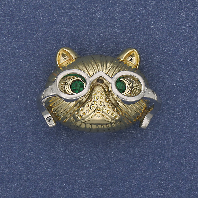 Brooch pendant Cat in glasses with green crystals golden metal 29×21mm+