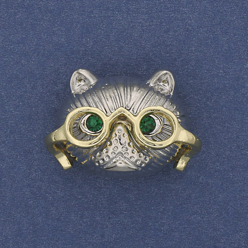 Brooch Pendant Cat in Glasses Green Rhinestones Silver Tone 29x21mm+