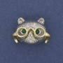 Brooch Pendant Cat in Glasses Green Rhinestones Silver Tone 29x21mm+