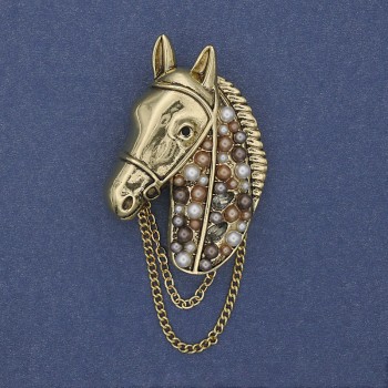 Brooch Horse Crystals Pearls Golden Chain 46x29mm+