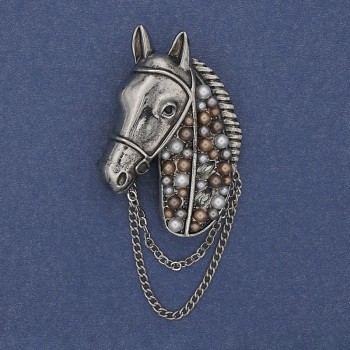 Brooch Horse with Rhinestones and Pearls Silver Metal 46x29mm+