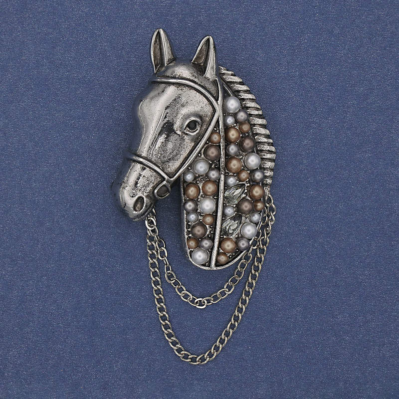 Brooch Horse with Rhinestones and Pearls Silver Metal 46x29mm+
