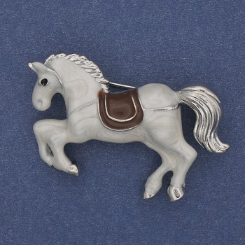 Brooch Pendant Horse White Enamel Silver-Coloured Metal 46x28mm+