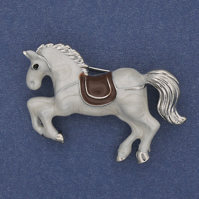 Brooch Pendant Horse White Enamel Silver-Coloured Metal 46x28mm+
