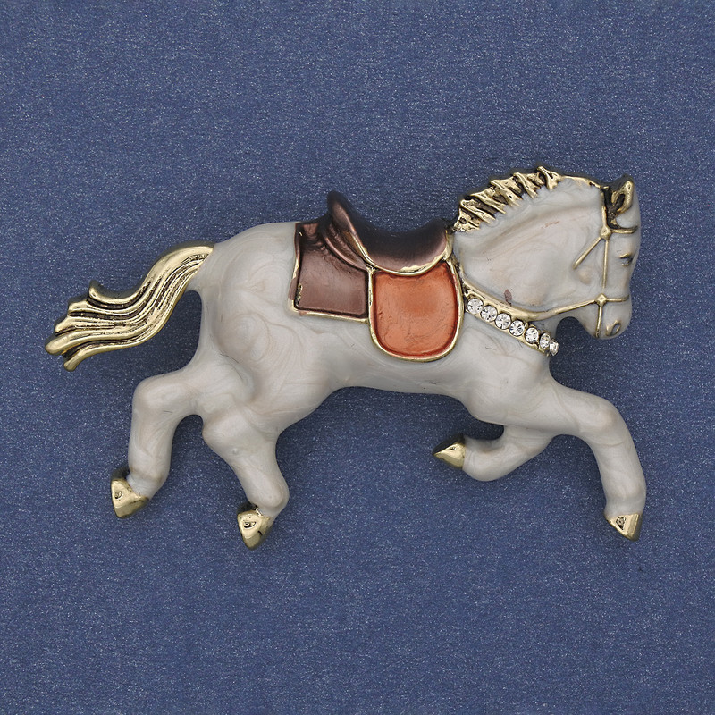 Brooch Horse White Enamel with White Crystals on Gold-tone Metal 50x32mm+