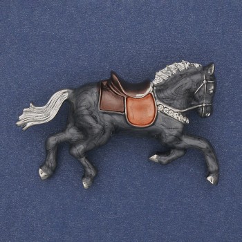 Brooch Horse Grey Enamel with White Crystals Gold-toned Metal 50x32mm+