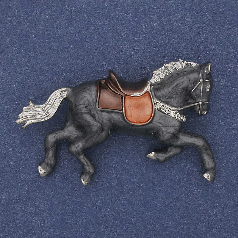 Brooch Horse Grey Enamel with White Crystals Gold-toned Metal 50x32mm+