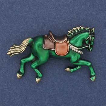 Brooch Horse Green Enamel White Crystals Gold-tone Metal 50×32mm+
