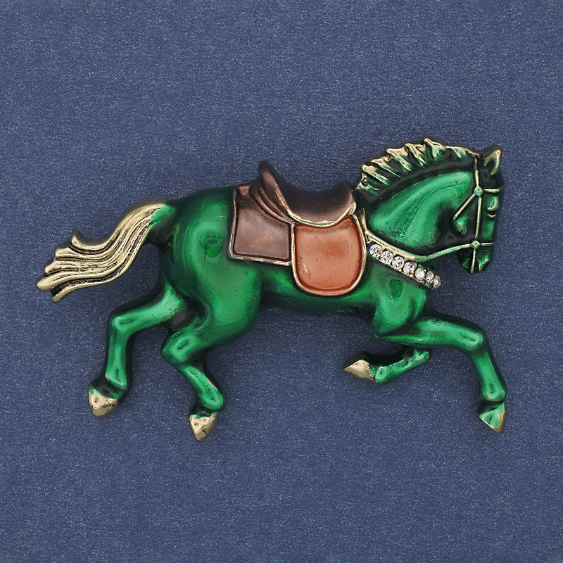 Brooch Horse Green Enamel White Crystals Gold-tone Metal 50×32mm+