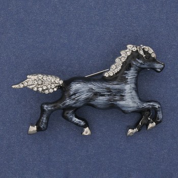 Brooch Horse coloured enamel white crystals silver-tone metal 50x32mm+