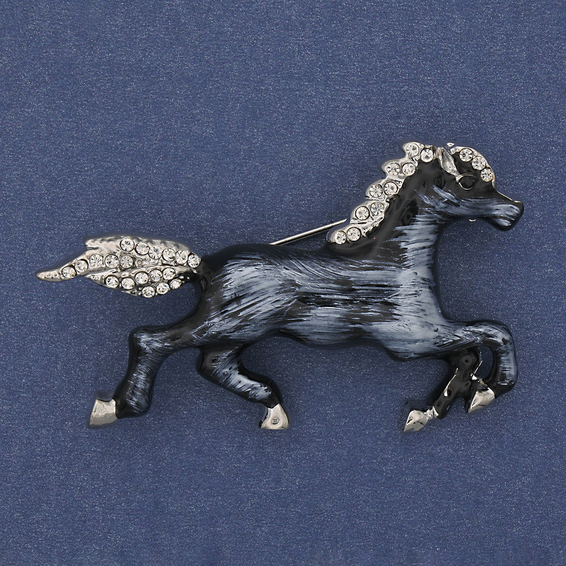 Brooch Horse coloured enamel white crystals silver-tone metal 50x32mm+