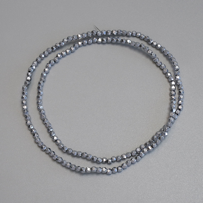 Hematite Beads Silver Color 2x2mm Mult facets on thread, length 38cm+