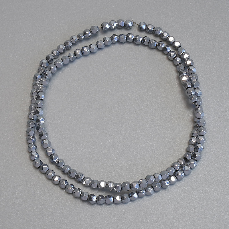 Hematite Beads Silver Colour Faceted 3x3mm+ on a Bead Thread, 38cm+ Length