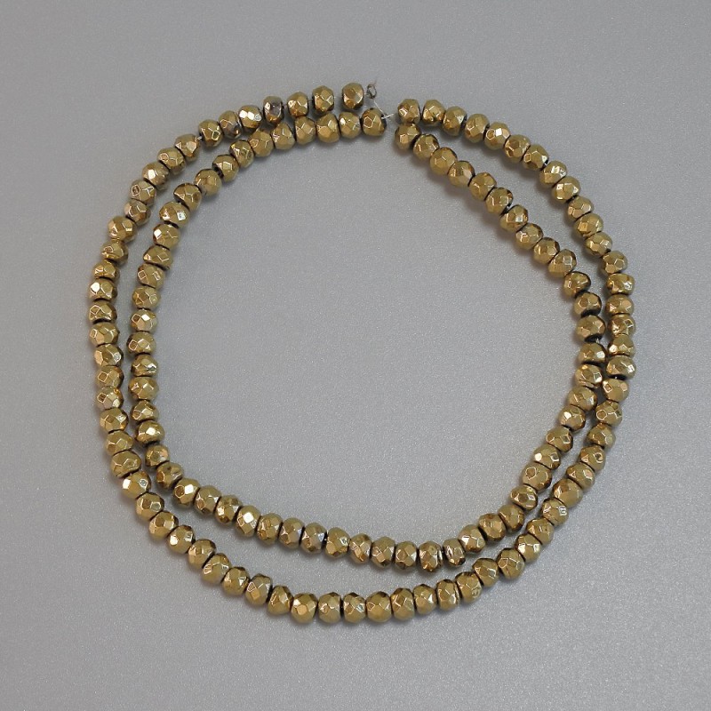 Hematite Beads Gold Colour Faceted Rondelle 4x3mm+- on Thread, 38cm+ Length
