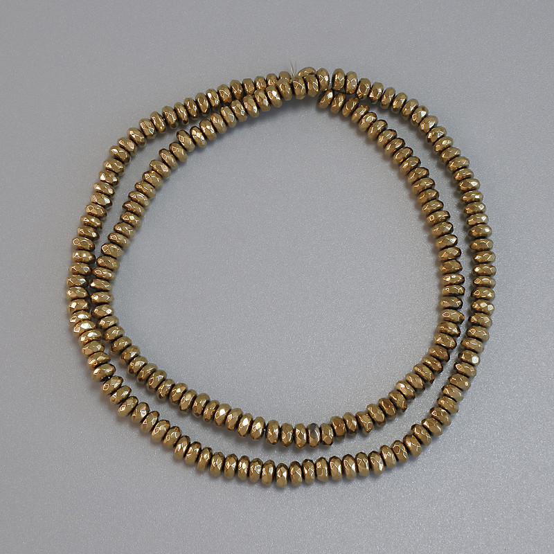 Hematite Beads Gold Coloured Faceted Rondelle 4x2mm+- on Thread, Length 38cm+