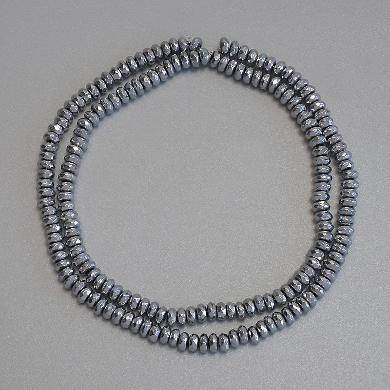 Hematite Beads Silver Color Faceted Rondelle 4x2mm+- on monofilament, length 38cm+