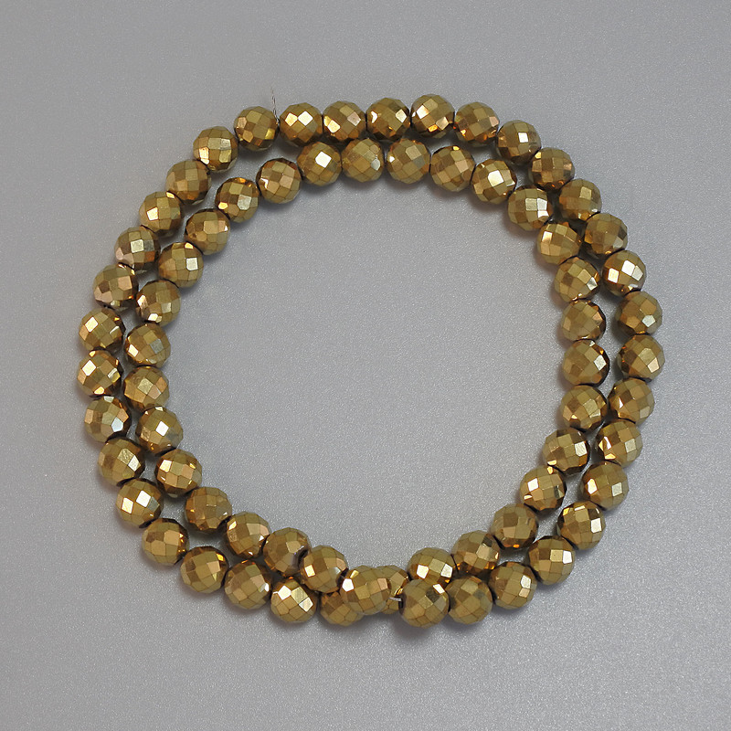 Hematite Beads Gold-Coloured Faceted Balls 6mm+ on thread, length 38cm+