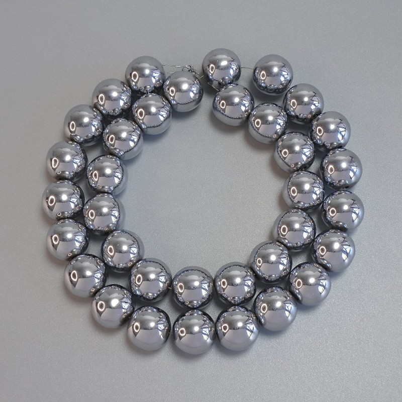 Hematite Beads Silver Colour Smooth Sphere 12mm± on thread, length 40cm+