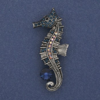 Brooch Pendant Sea Horse with coloured rhinestones blue crystal silver metal 55x25mm+
