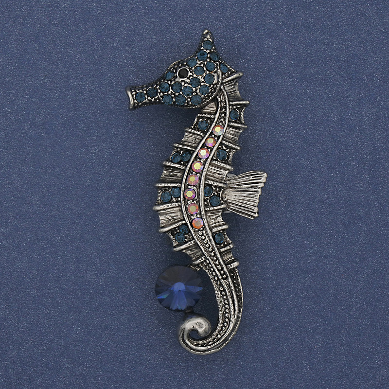 Brooch Pendant Sea Horse with coloured rhinestones blue crystal silver metal 55x25mm+