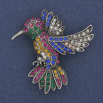 Hummingbird Brooch Multicolour Rhinestones Silver-Tone Metal 45x42mm+