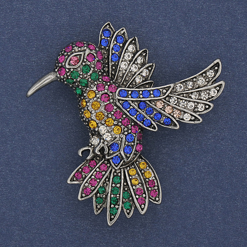 Hummingbird Brooch Multicolour Rhinestones Silver-Tone Metal 45x42mm+