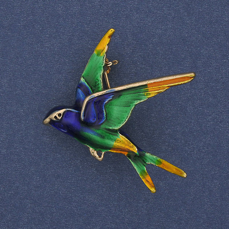 Swallow Brooch Pendant Coloured Enamel Gold-Tone Metal 35x29mm+