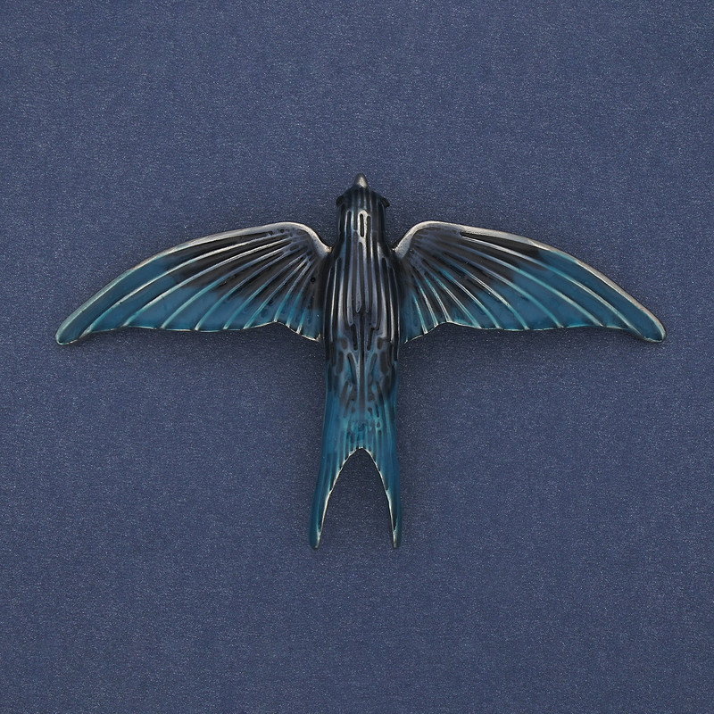 Swallow Brooch Pendant Grey and Blue Enamel Silver-Tone Metal 78x50mm+