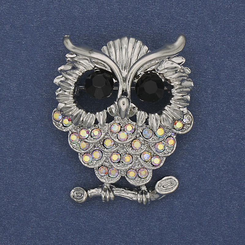 Owl Brooch Iridescent and Black Rhinestones Silver-Tone Metal 31x38mm+