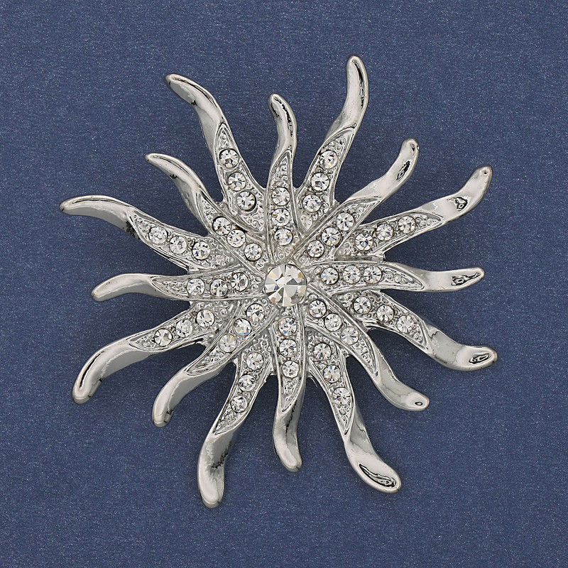 Brooch Sun White Rhinestones Silver Metal 54mm+