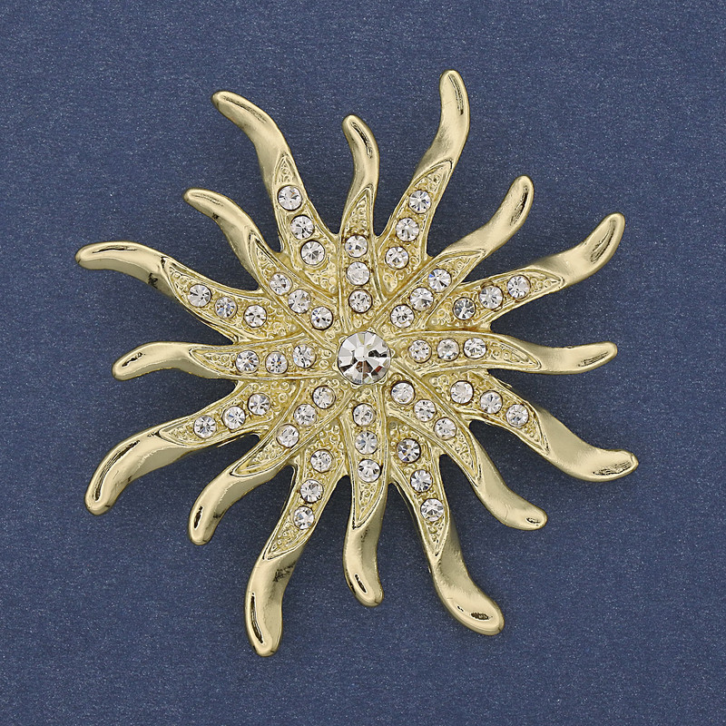 Brooch Sun White Rhinestones Gold-Tone Metal 54mm+