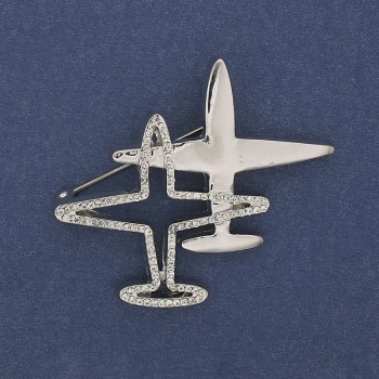 Brooch Pendant Aircraft with White Crystals Silver Metal 43x50mm+
