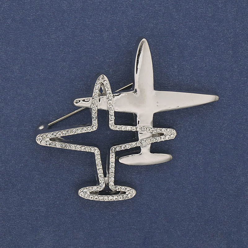 Brooch Pendant Aircraft with White Crystals Silver Metal 43x50mm+